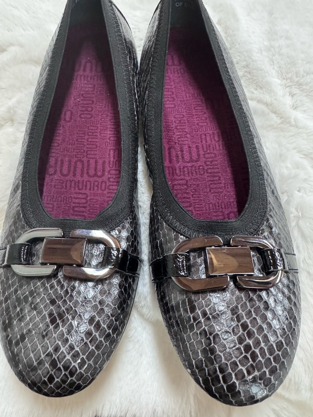 Munro Black Snake-Print Ballet Flats with Silver Accent